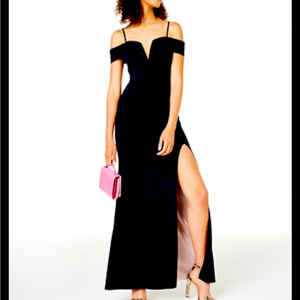 City studio black off-the-shoulder dress featuring a daring split leg design